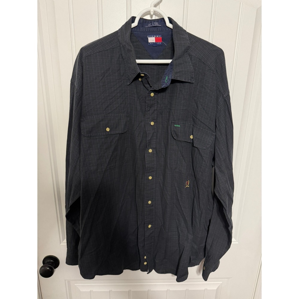 Tommy Hilfiger Shirt Mens XXL Navy Blue Micro Plaid Button Down EUC